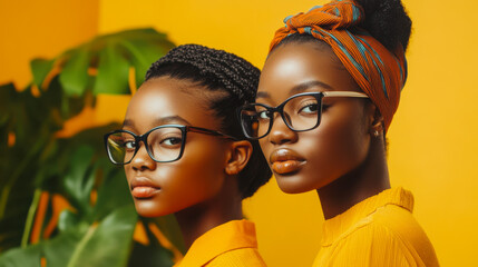 Unique twin sisters wearing glasses pose confidently against a vibrant yellow background in an expressive portrait