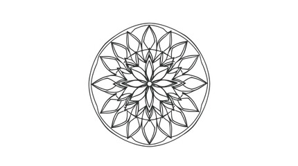 A symmetrical, intricate, black and white circular floral design on a white background.