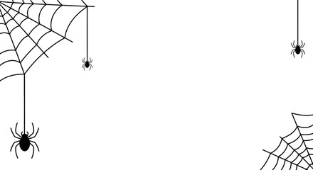 Minimalist Halloween Spider Web Frame with Hanging Spiders on White Background