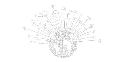 A globe illustration with radiating arrows pointing to various icons, symbolizing global connectivity and communication.