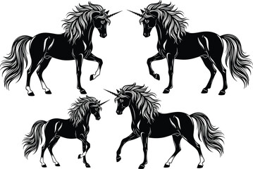 Unicorn Silhouette Set in Dynamic Poses – Fantasy Creature Vector, Mythical Animal Design, Black and White Magical Illustration Series