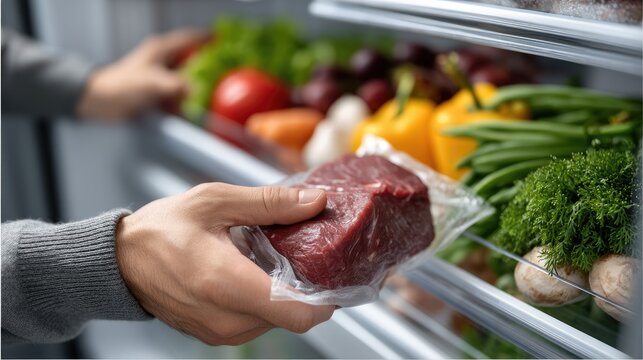 Hands hold a premium cut of meat while organizing fresh vegetables in a well-stocked refrigerator filled with vibrant colors