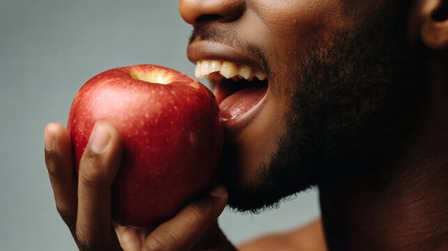 Close-up of a man holding a red apple near his mouth, ready to take a bite.