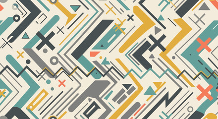 Abstract geometric pattern featuring various shapes, lines, and colors arranged across a neutral background.
