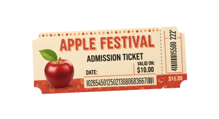 Vintage apple festival admission ticket isolated on transparent background, inviting attendees to a delightful celebration of autumns bounty and community spirit
