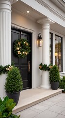 Beautifully decorated porch featuring garlands and lights, creating a warm and inviting atmosphere for the holiday season