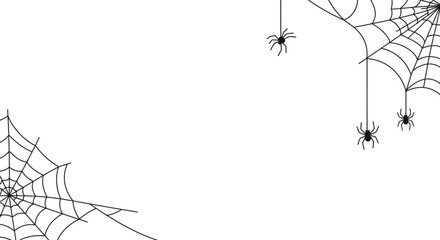 Halloween spooky black spider webs and dangling spiders border illustration on a white background with copy space