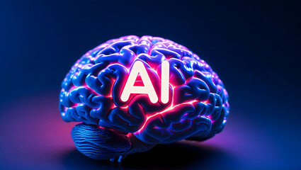 Close-up photo of a human brain illuminated by vibrant coloured light, with neon letters AI in a bold, futuristic font positioned generative AI