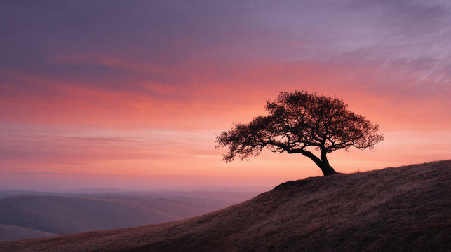 Solitary tree silhouetted against a vibrant, colorful sunset. Hills fade into the distance. Represents peace, resilience, and natures beauty. Ideal for inspirational or serene themes. - Powered by Adobe