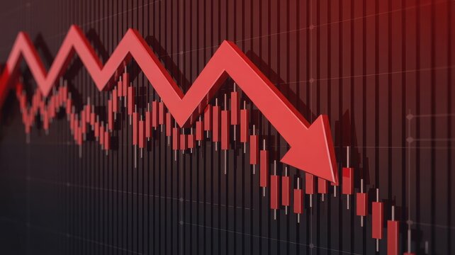 Red downward trend graph, declining chart, falling arrow, stock market crash