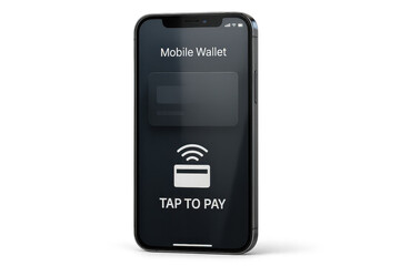 Smartphone displaying mobile wallet and tap to pay isolated on transparent background