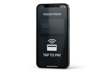 Smartphone displaying mobile wallet and tap to pay isolated on transparent background