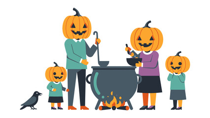 Spooky Family Halloween Celebration: A whimsical, artistically crafted illustration depicts a cheerful family of jack-o'-lantern-headed characters gathered around a bubbling cauldron. 