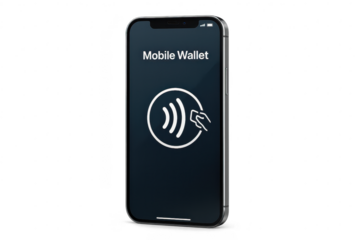 Mobile Wallet on smartphone with NFC, isolated on transparent background.