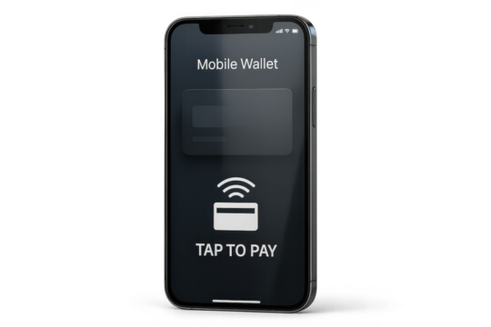 Smartphone displaying mobile wallet and tap to pay isolated on transparent background - Powered by Adobe