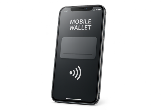 Digital wallet application on smartphone isolated on transparent background.