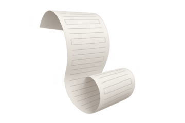 Curled white paper scroll with lines, isolated on transparent background