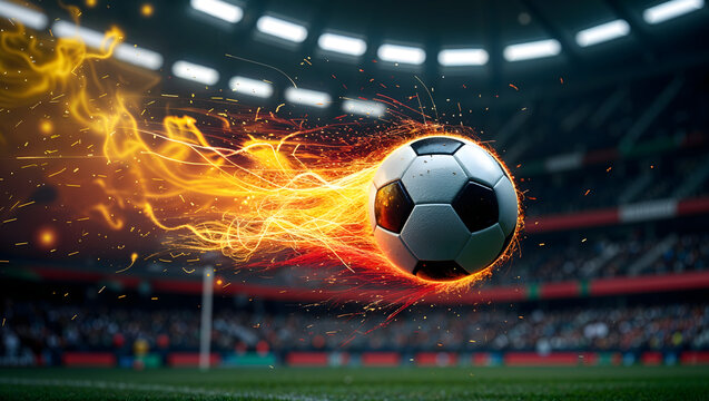 Soccer ball with streaks of fire and sparks in yellow, orange and red flying from the left to the right side. In the background, the blurred spectators of a soccer stadium generative AI