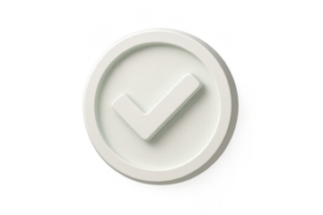 White 3D checkmark icon in a circle isolated on transparent background.