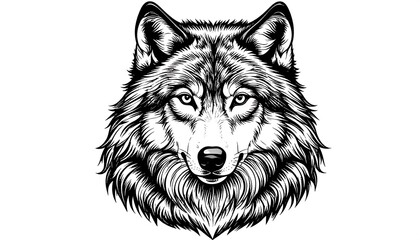 A detailed monochrome illustration of a wolf's face, rendered with intricate linework to emphasize fur texture and intense gaze