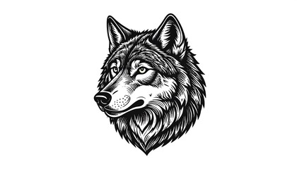 Obraz premium A detailed monochrome illustration of a wolf's head, showing its fur, eye, and snout against a white background