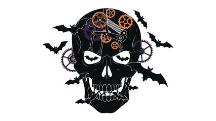 Steampunk Skull Art: A striking depiction of a skull with intricate steampunk elements and bats, combining elements of gothic darkness and mechanical innovation.