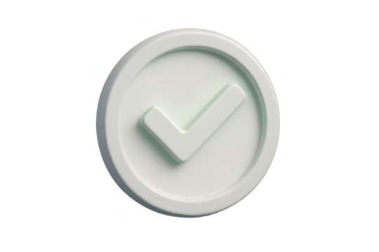 White 3D rendered checkmark icon in a circular frame, isolated on transparent background