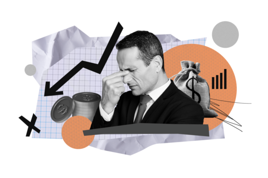 Composite photo collage of unhappy businessman work problem arrow decline coin dollar inflation bag poor isolated on painted background