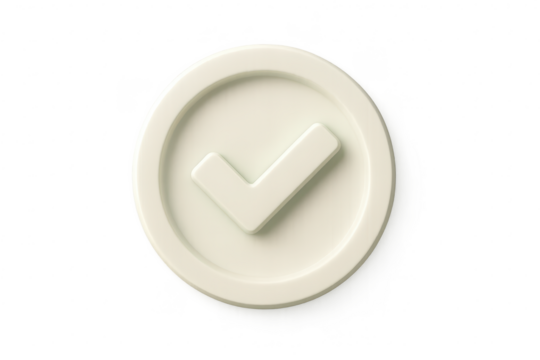 White 3D rendered checkmark icon in a circle isolated on transparent background