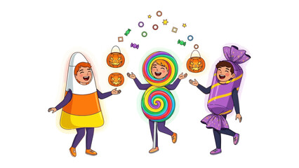 Festive Halloween Gathering: A whimsical illustration captures three children joyfully clad in festive costumes, surrounded by candies and pumpkin lanterns, creating a cheerful atmosphere. 