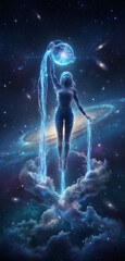 Obraz premium Aquarius, Futuristic Cosmic Water Bearer Pouring Stars in Space.
