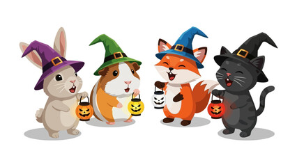 Halloween Animal friends gathering: A whimsical illustration showcasing the spirit of Halloween, adorable creatures, each donning a witch's hat and holding a carved pumpkin lantern.