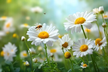 Beautiful field of daisies with a bee pollinating the flowers in a serene summer scene highlighting natures beauty and ecological balance