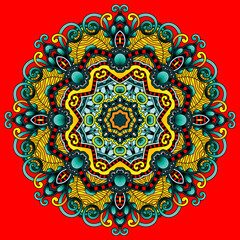 Bright Red Background with a Yellow and Teal Mandala Pattern