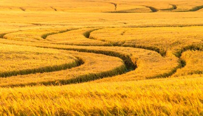 A sunlit field of golden grain, with curving tire tracks weaving through the crop, creating patterns across the landscape