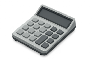 Modern grey digital calculator with dark display, isolated on transparent background