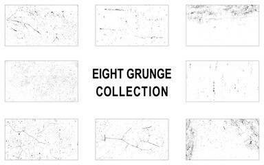 Collection of eight grunge dust and scratch texture. Grunge textures set. Collection of vector, distress, textures .Simply Place grungy textured overlay. Vector bundle.