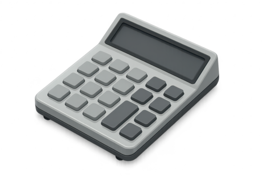 Modern grey digital calculator with dark display, isolated on transparent background