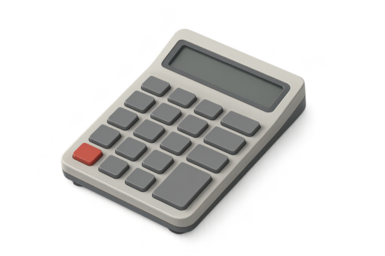 Modern gray calculator with red button isolated on a transparent background