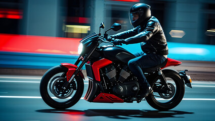 Biker wears black helmet and black leather jacket is riding a motorcycle on a road in the night. Bike is black and red color generative AI