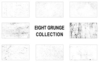 Collection of eight grunge dust and scratch texture. Vector bundle.