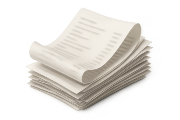 Stack of white office documents with blurred text, isolated on transparent background