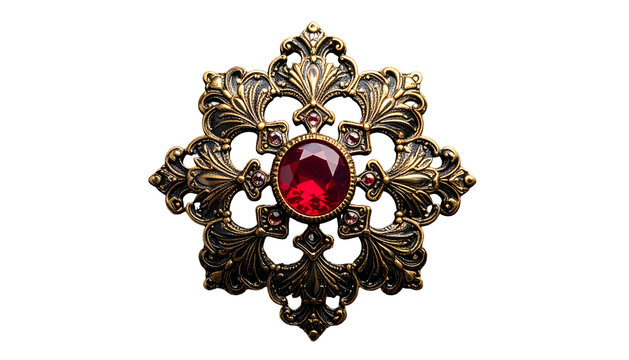 Antique brooch with a round red jewel, ornate design