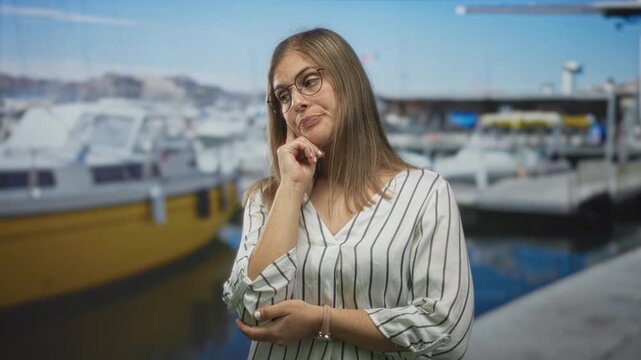 Woman shrugs with both hands open beside a docked boat at a sunny port; uncertainty hesitation doubt.