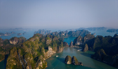 Aerial view of islands Halong bay, stunning limestone formations and turquoise waters in Vietnam