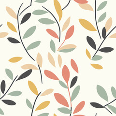 Minimalist seamless leaf pattern with abstract pastel green, mustard yellow, coral pink, beige and black foliage on white background vector design for textile or wallpaper