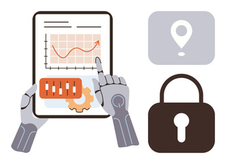 Robotic hand touches tablet displaying chart, gear, and data slider. Lock and location icon nearby. Ideal for technology, AI, data, automation analysis cybersecurity innovation. Simple flat