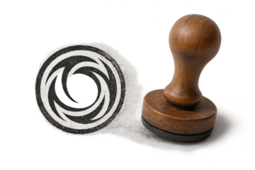 Wooden rubber stamp with spiral ink impression, isolated on no background