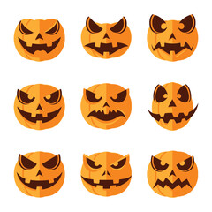 Halloween Pumpkin Faces: A collage of nine uniquely carved pumpkin faces, each a striking symbol of the spooky season.