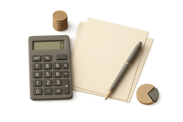Financial calculation tools and documents isolated on transparent background